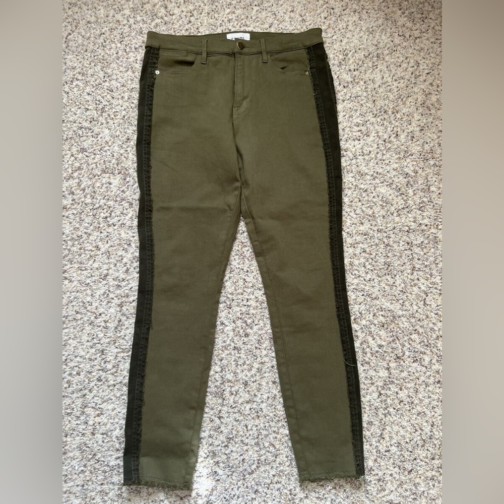 FRAME DENIM Le High Rise Skinny Jeans Military Striped Sides Raw Hem - Size 28